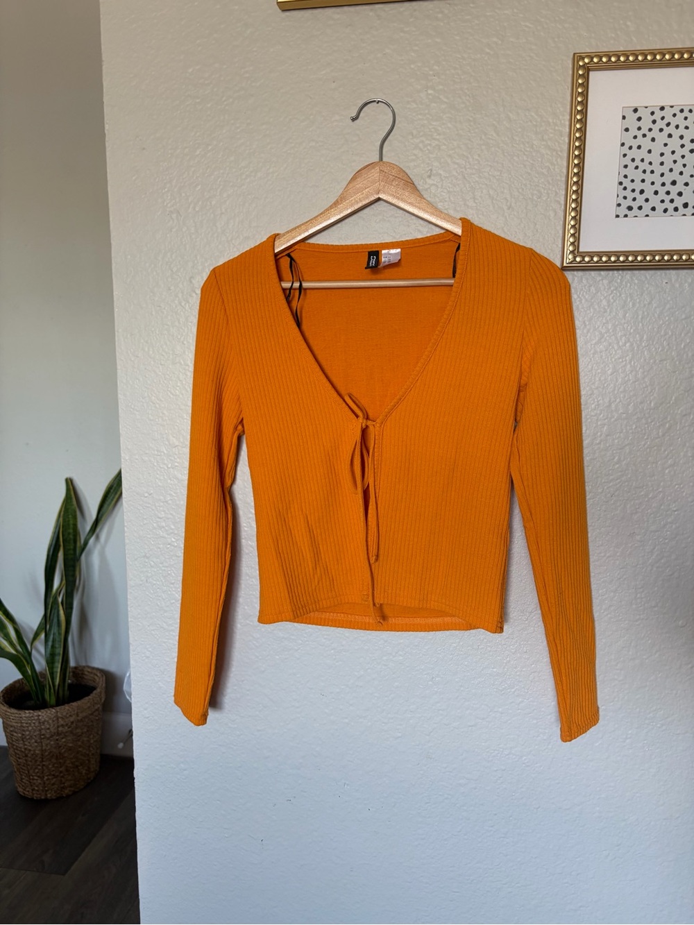 H&M Ribbed Tie-Front Long-Sleeve Top - Orange